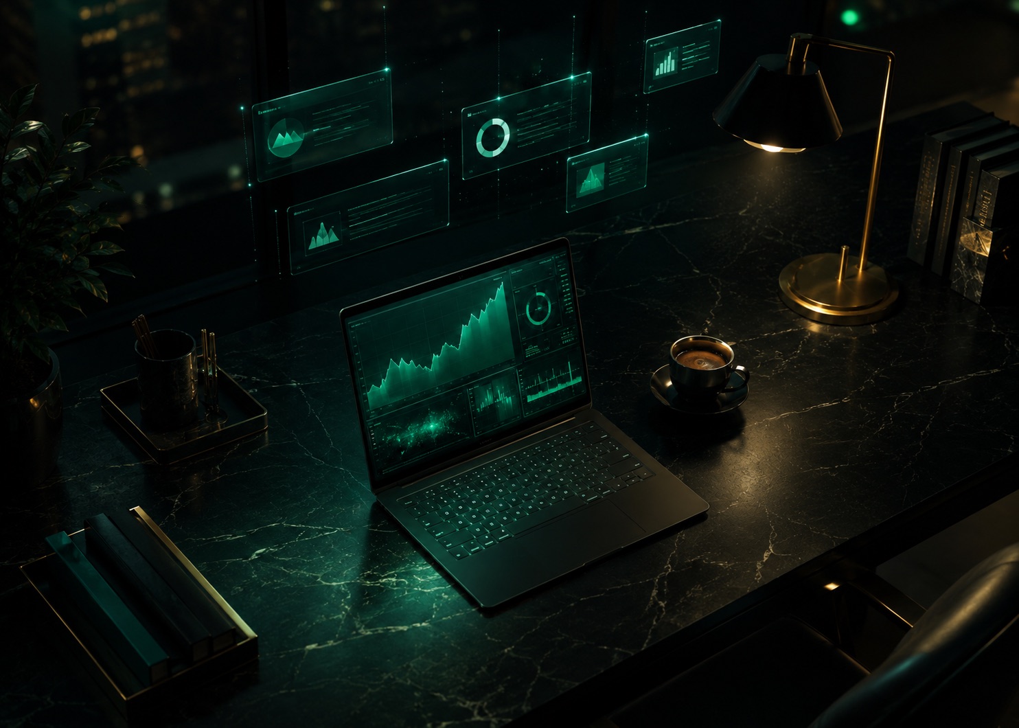 Futuristic founder workspace at night with a glowing dashboard