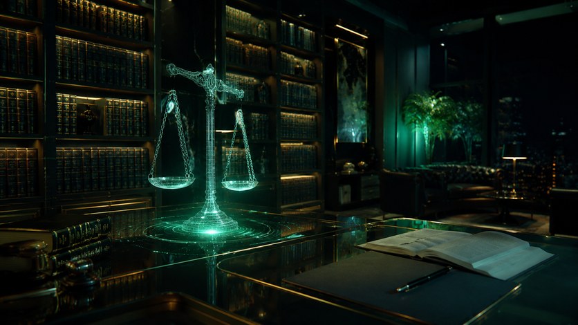 Holographic scale of justice above legal contracts on a dark marble desk