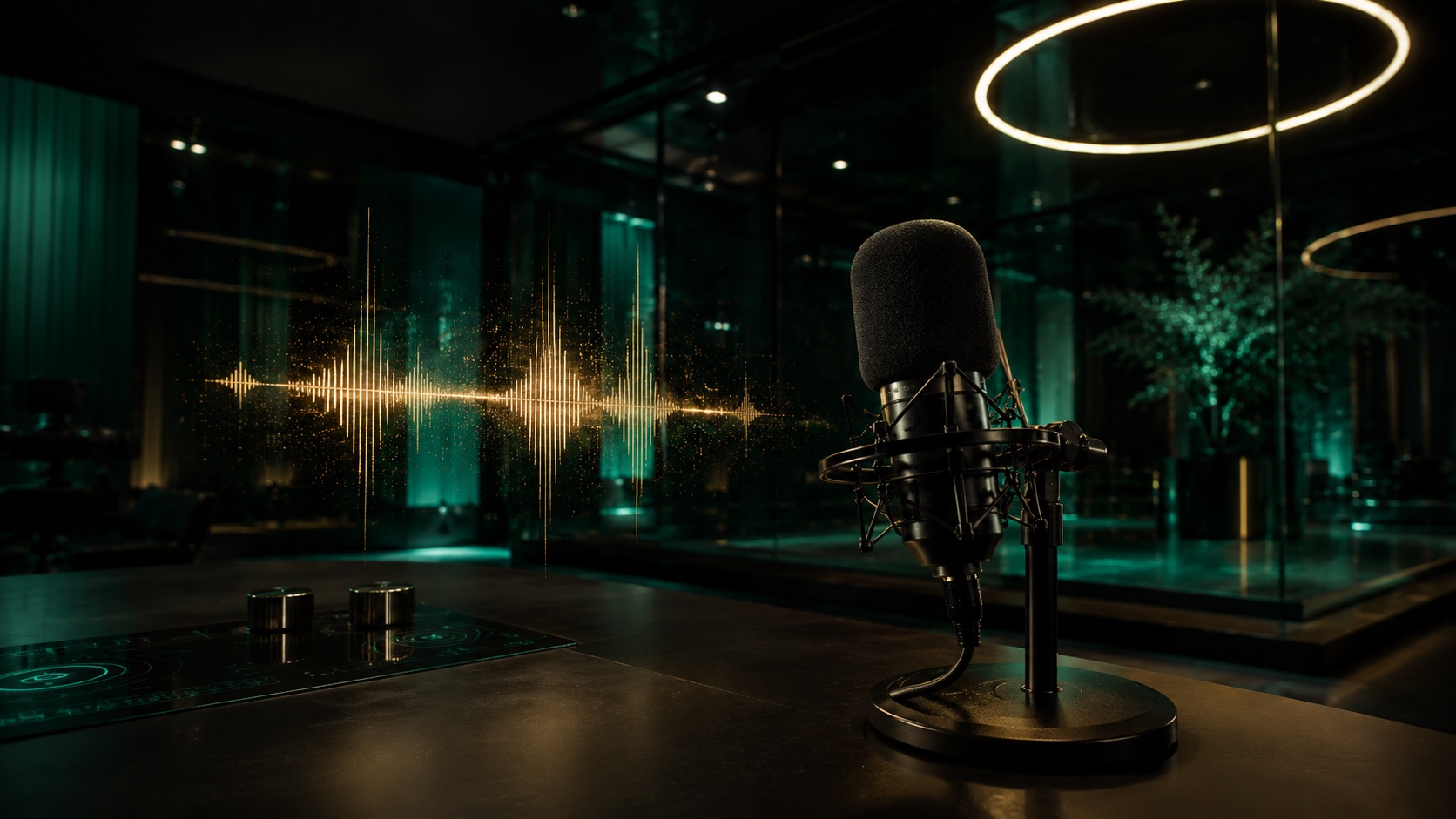Futuristic podcast studio with a glowing golden waveform
