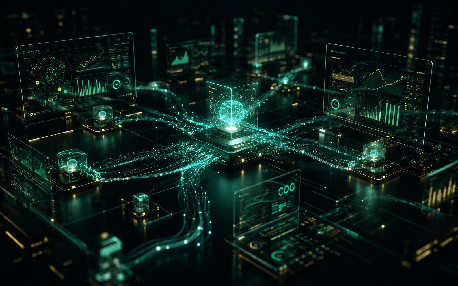 Glowing data network weaving through translucent glass panels
