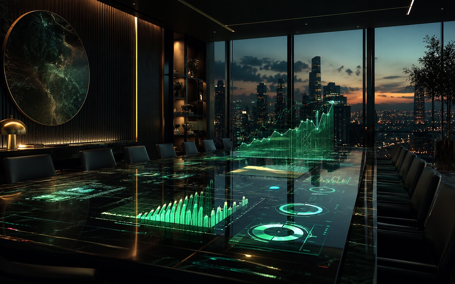 Futuristic boardroom with a holographic financial dashboard