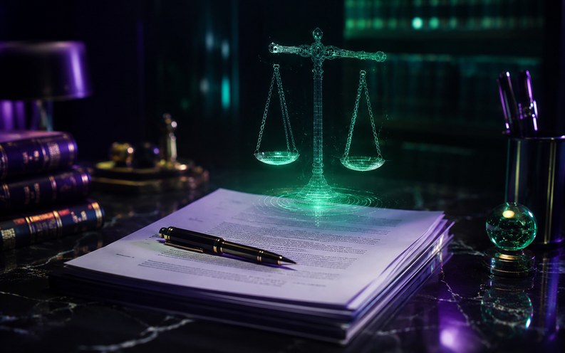 Holographic scale of justice in a sleek law library