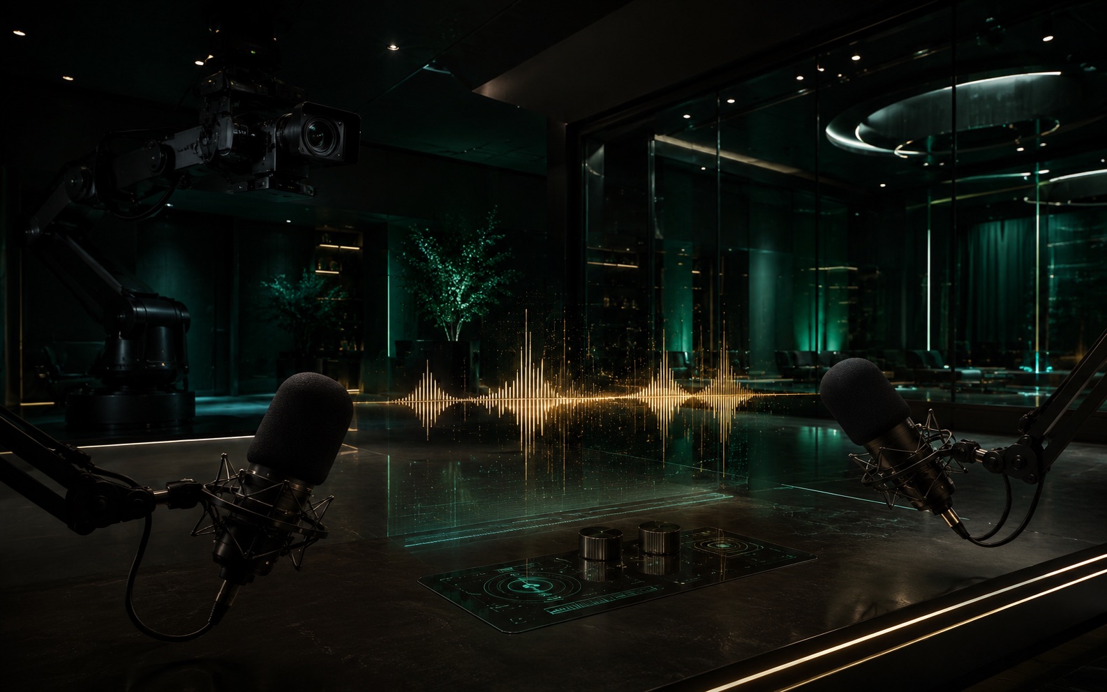 State-of-the-art content studio with a holographic waveform